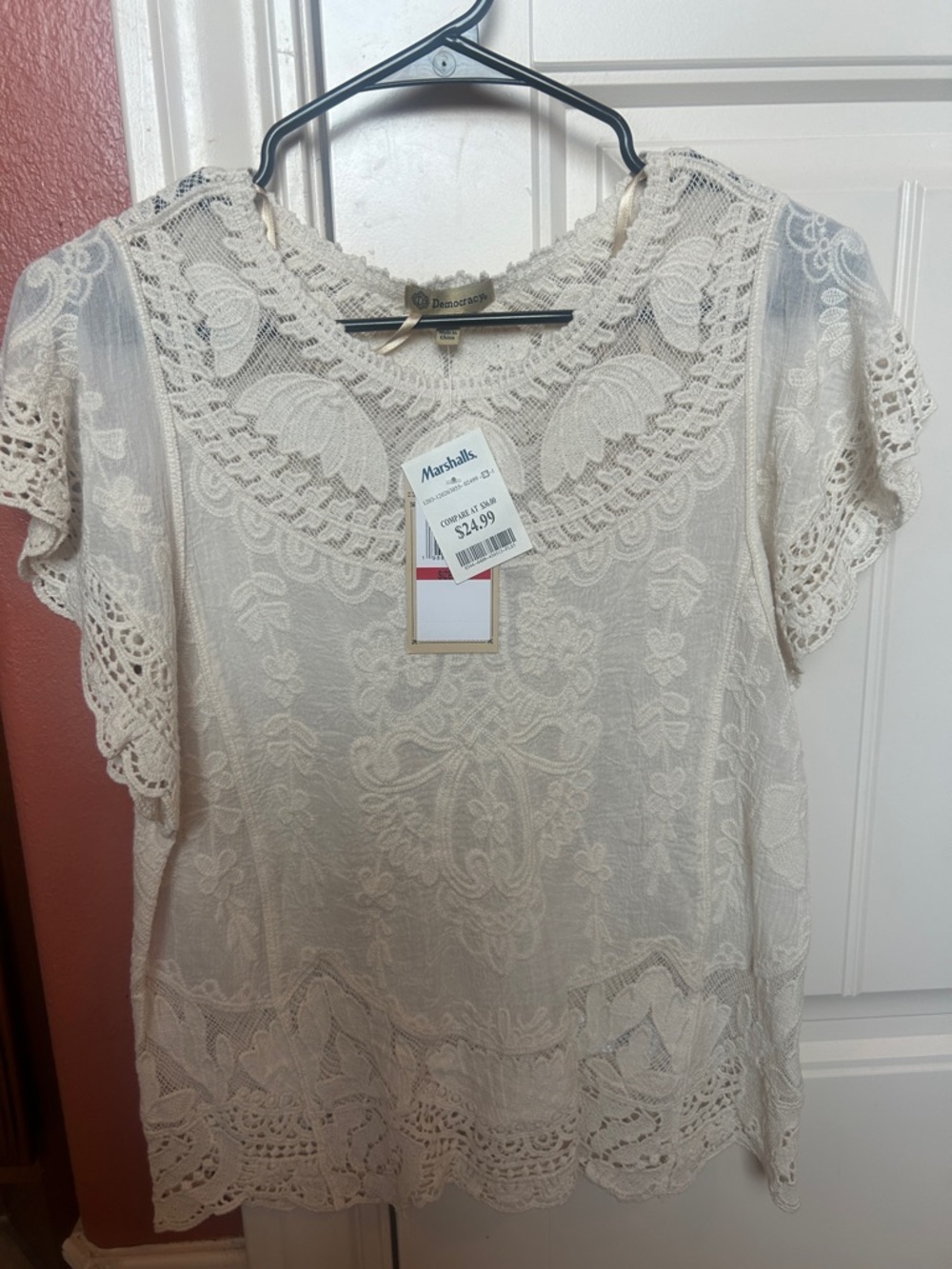 Democracy Lace Crochet Flutter Sleeve Top in Cream